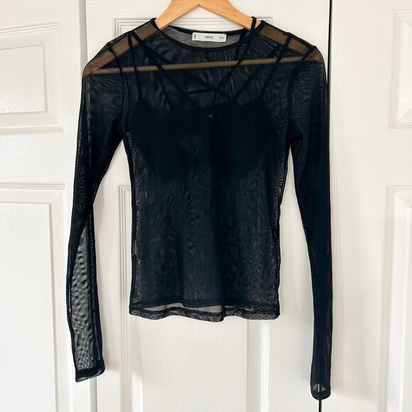 Mango Black Sheer Mesh Long Sleeve Bra Top Semi Transparent Shirt Size Small EUC - Picture 2 of 7